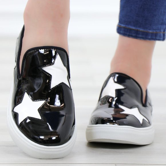 Black With White Stars Patent Sneakers Shoes - Picture 12 of 14